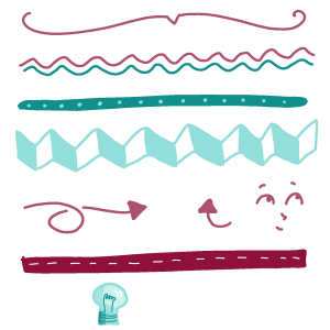 Hand-drawn visual assets including swirly lines, arrows, zigzags and a light bulb.