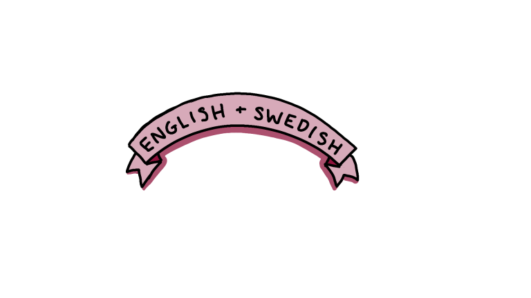 Hand drawn banner with the words "english and swedish"