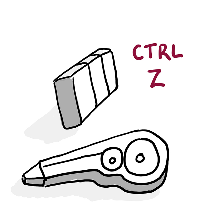Hand drawn illustratin showing an eraser and correction fluid. Words "CTRL Z"
