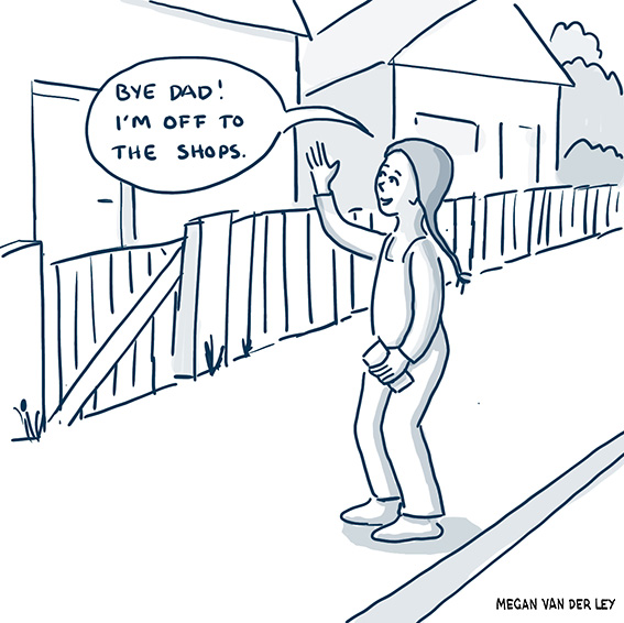 Hand drawn illustration of a five year old waving and telling her dad that she's going to the shops.