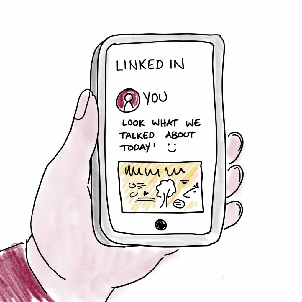Illustration showing a hand holding a smartphone with a LinkedIn post on it.