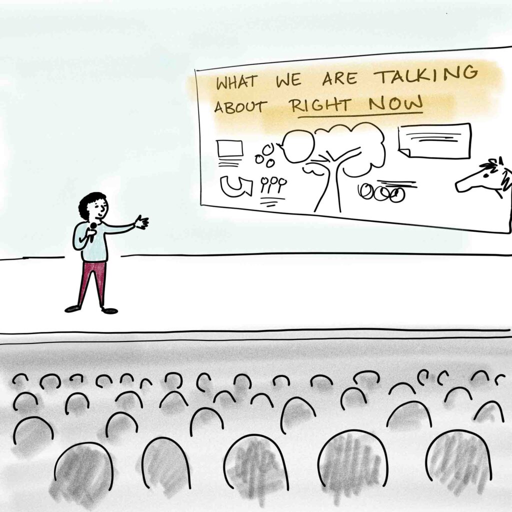 Illustration showing a speaker on stage at a conference with graphic recording shown on a large screen.