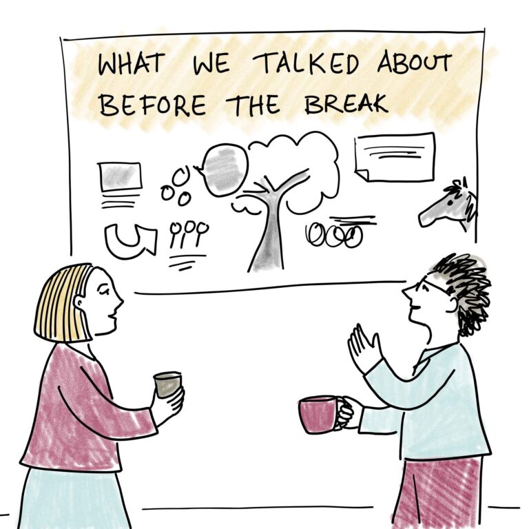 Illustration showing conference participants viewing graphic recording of the previous session.