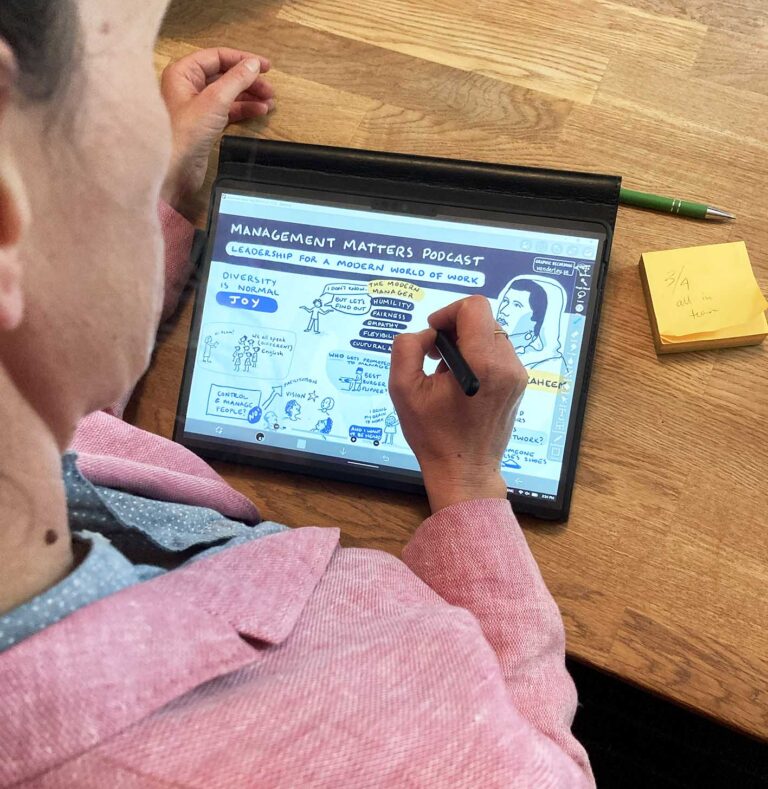 Photo looking over the shoulder of a graphic recorder onto their drawing tablet.