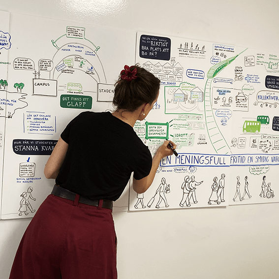 Graphic recorder documenting discussion with words and illustrations.