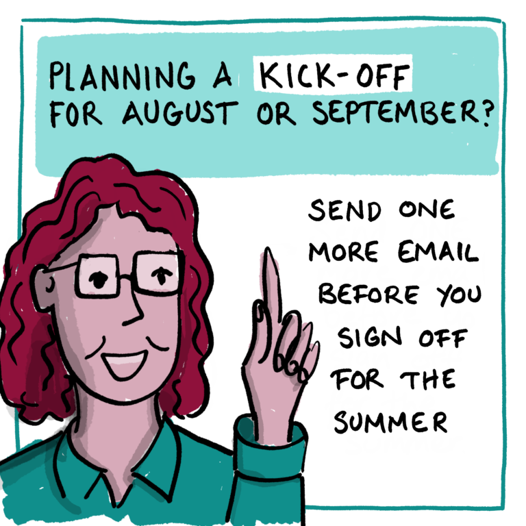 Illustration of a woman asking event planners if they are planning a kick-off for early autumn.