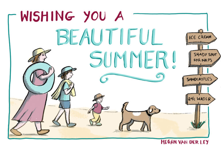Hand-drawn digital illustration showing a family going to the beach and the words Wishing you a beautiful summer".