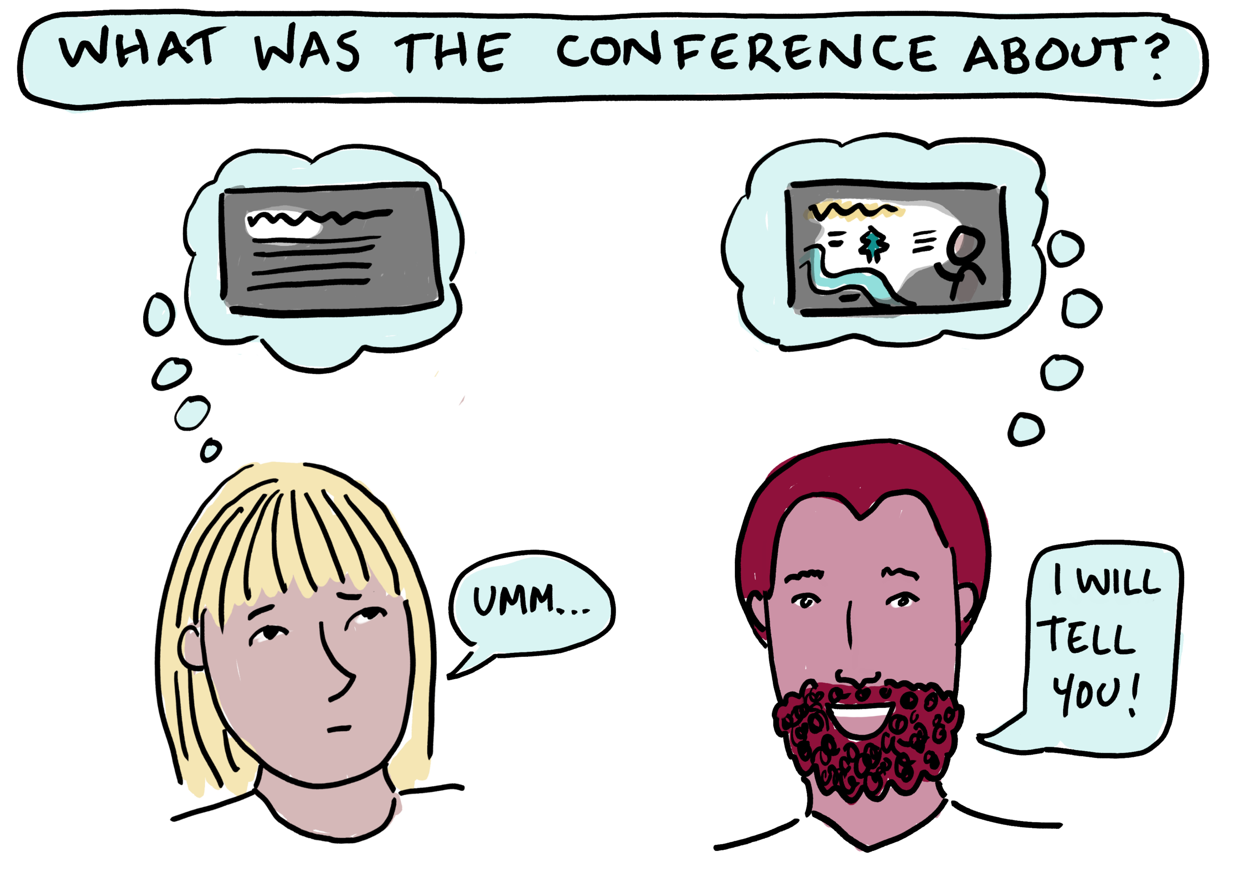 Hand drawn illustration of a woman and a man who remember different amounts of a presentation.