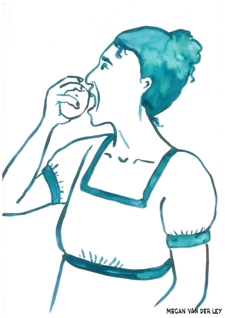 Ink illustration of a woman in historical dress eating an apple.