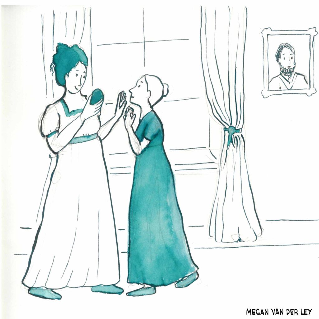 Illustration of two historical women looking at a miniature painting.