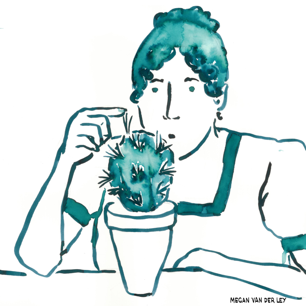 Blue ink illustration of a woman in historical clothes touching a cactus.