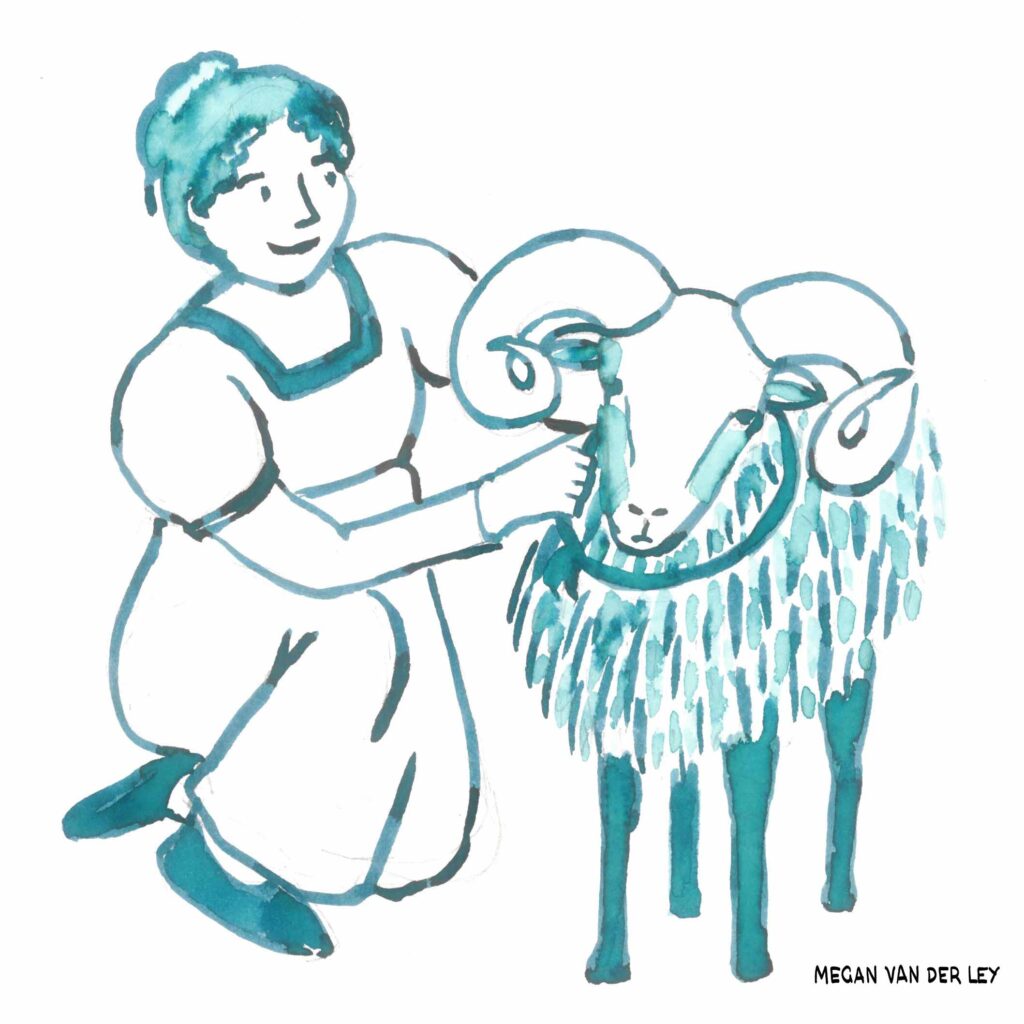 Illustration of a Regency-era woman holding a ram.