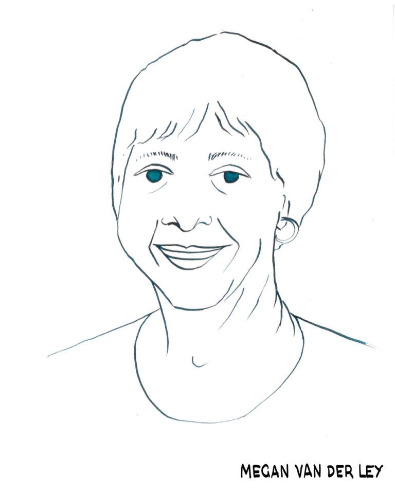 Hand-drawn blue ink portrait of Nobel Prize winner and human rights lawyer Navi Pillay on paper, created in an expressive editorial illustration style.
